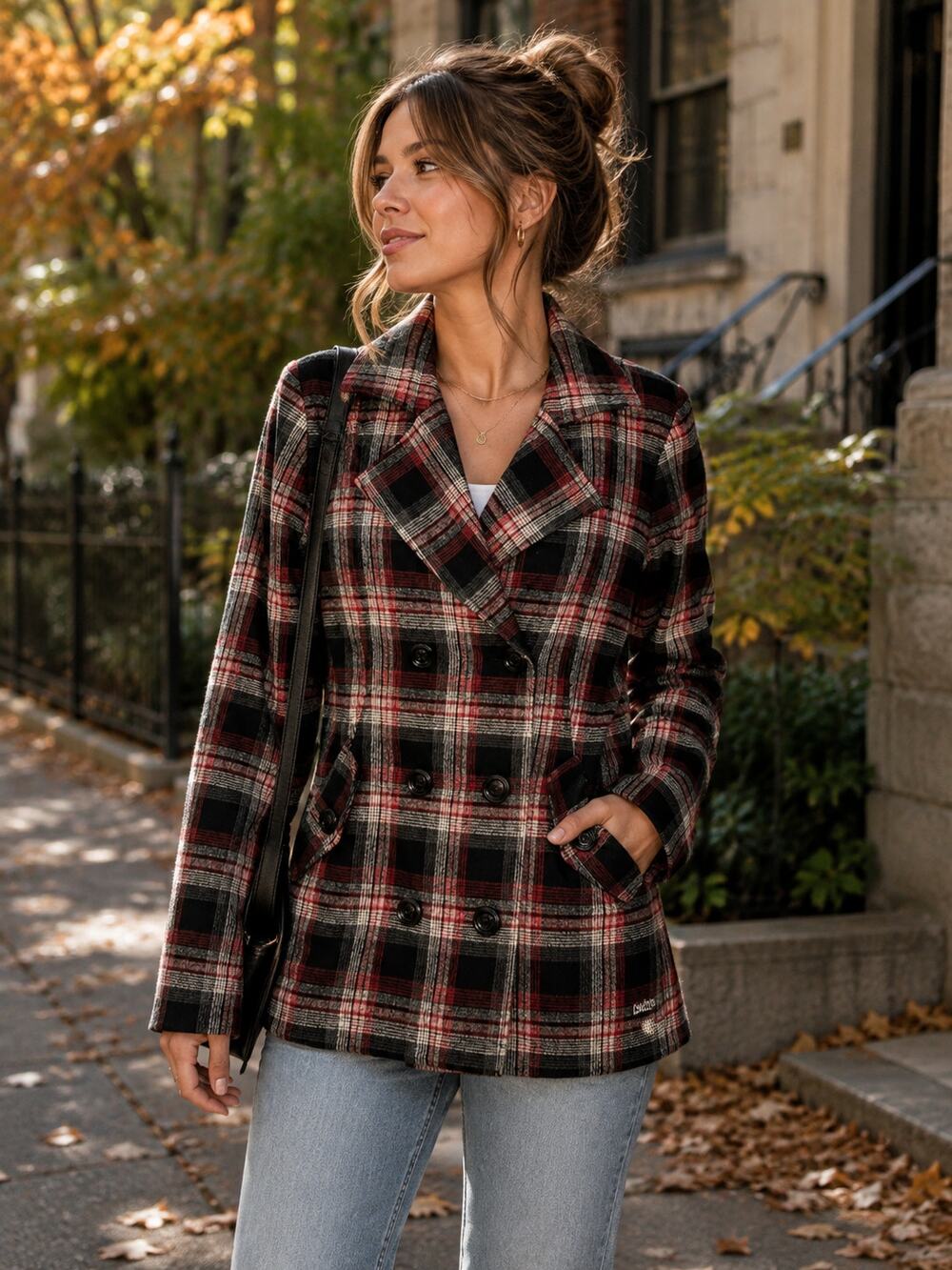 BILLABONG Wool Blend Red Black Plaid Double Breasted Blazer Jacket Size M